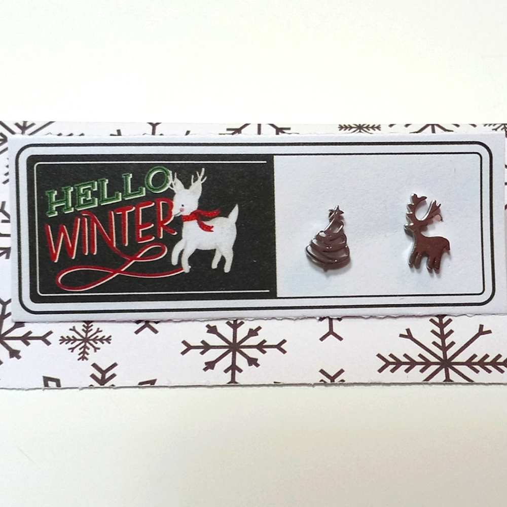 Christmas Tree and Deer Stainless Steel Stud Earrings - Picture 1 of 5